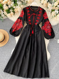 Bohemian Embroidered Floral Dress – Lantern Sleeve, High Waist, Mid-Calf Length