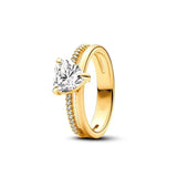 Anillo de plata 925 chapado en oro nuevo 2024 con circonita brillante y doble banda en forma de corazón para mujer, anillo Pandor original, joyería fina