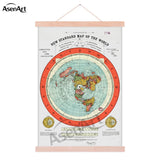 Vintage Flat Earth Map Scroll – Retro Canvas Wall Art with Wooden Hanger