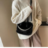 Elegant Plush Pearl-Decorated Handbag for Women – Stylish Autumn & Winter Fashion Tote