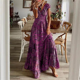 Women's Floral Print A-Line Dress with Petal Sleeves – Summer V-Neck Maxi Dress