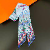 Elegant Twill Silk Ribbon Scarf – Elephant Print Long Hair & Bag Accessory