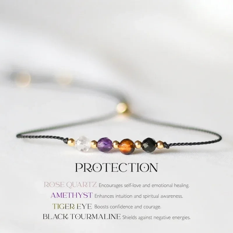 Pulsera de cristal protectora hecha a mano para la empatía y la fuerza: cuarzo rosa, turmalina negra, amatista y ojo de tigre