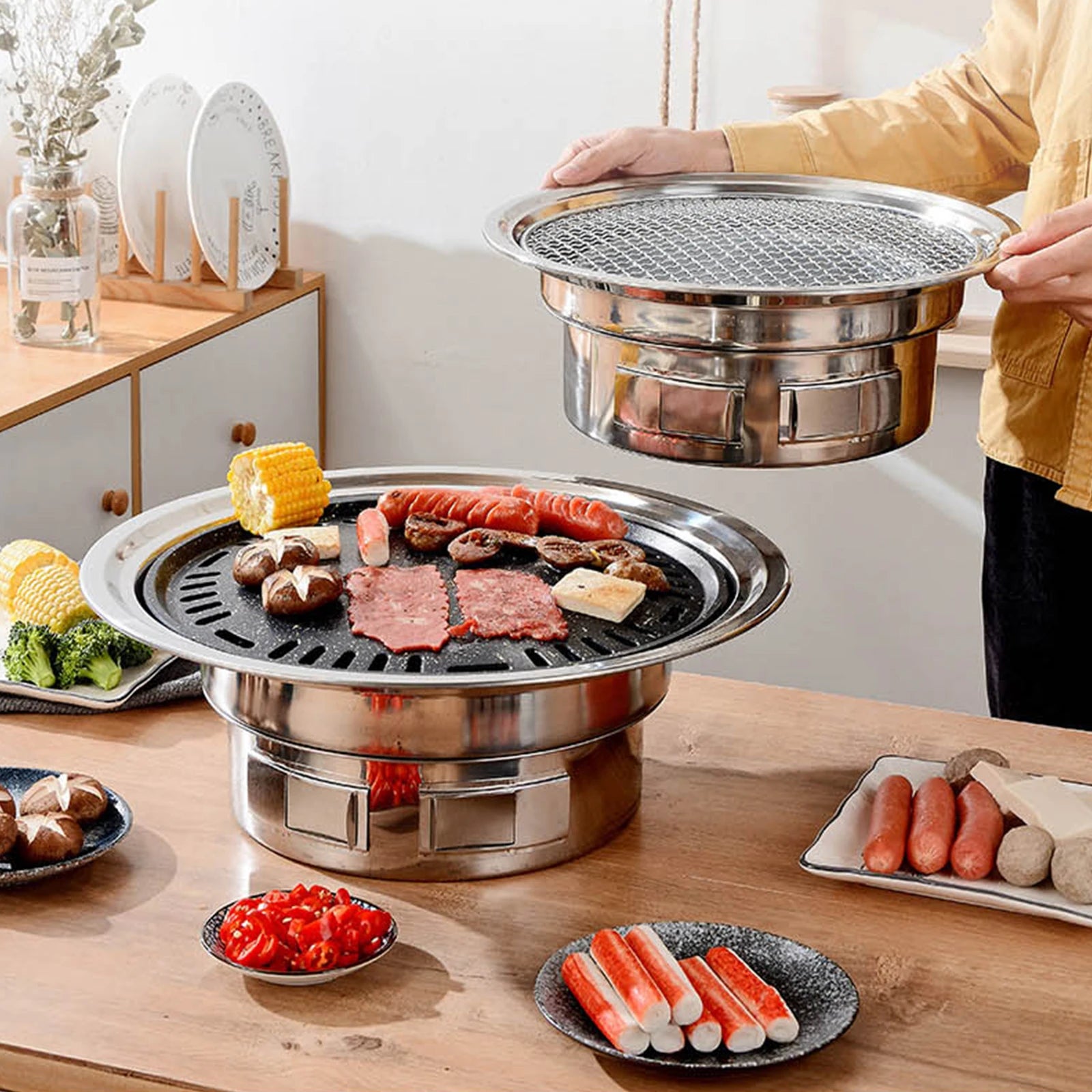 Parrilla coreana para barbacoa de 13 pulgadas: parrilla de carbón multifuncional para mesa con ahumador, red y bandeja