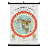 Vintage Flat Earth Map Scroll – Retro Canvas Wall Art with Wooden Hanger