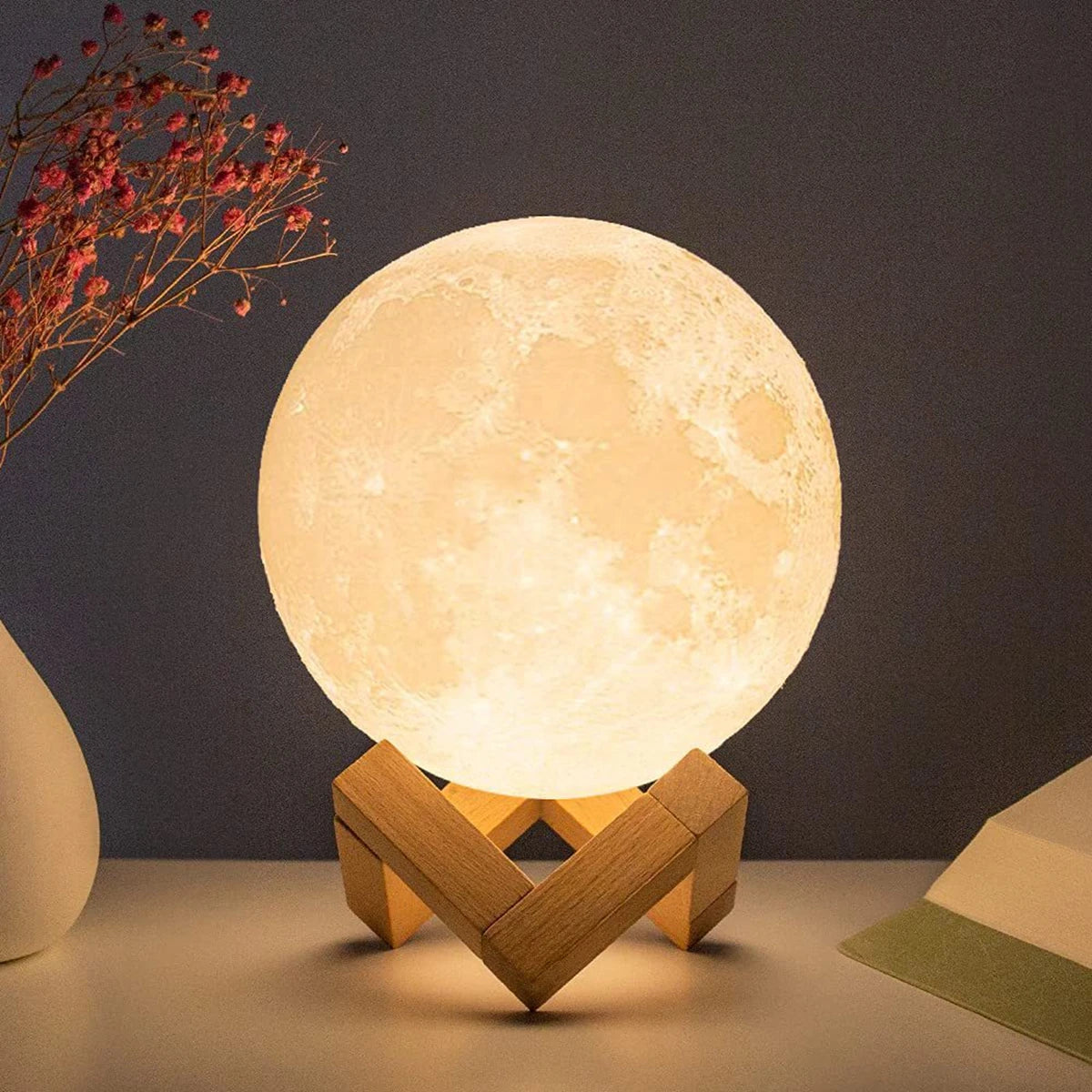 Lámpara de luna LED de 8 cm | Luz de noche estrellada a batería con soporte