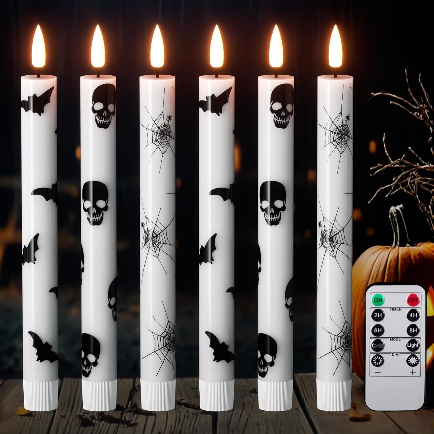 Genswin Halloween Black Taper Flameless Candles with Ghost Hand Candlesticks and Remote Timer, 2 Pcs Battery Operated Taper Candles with Holder and 3D Flame for Halloween Decor