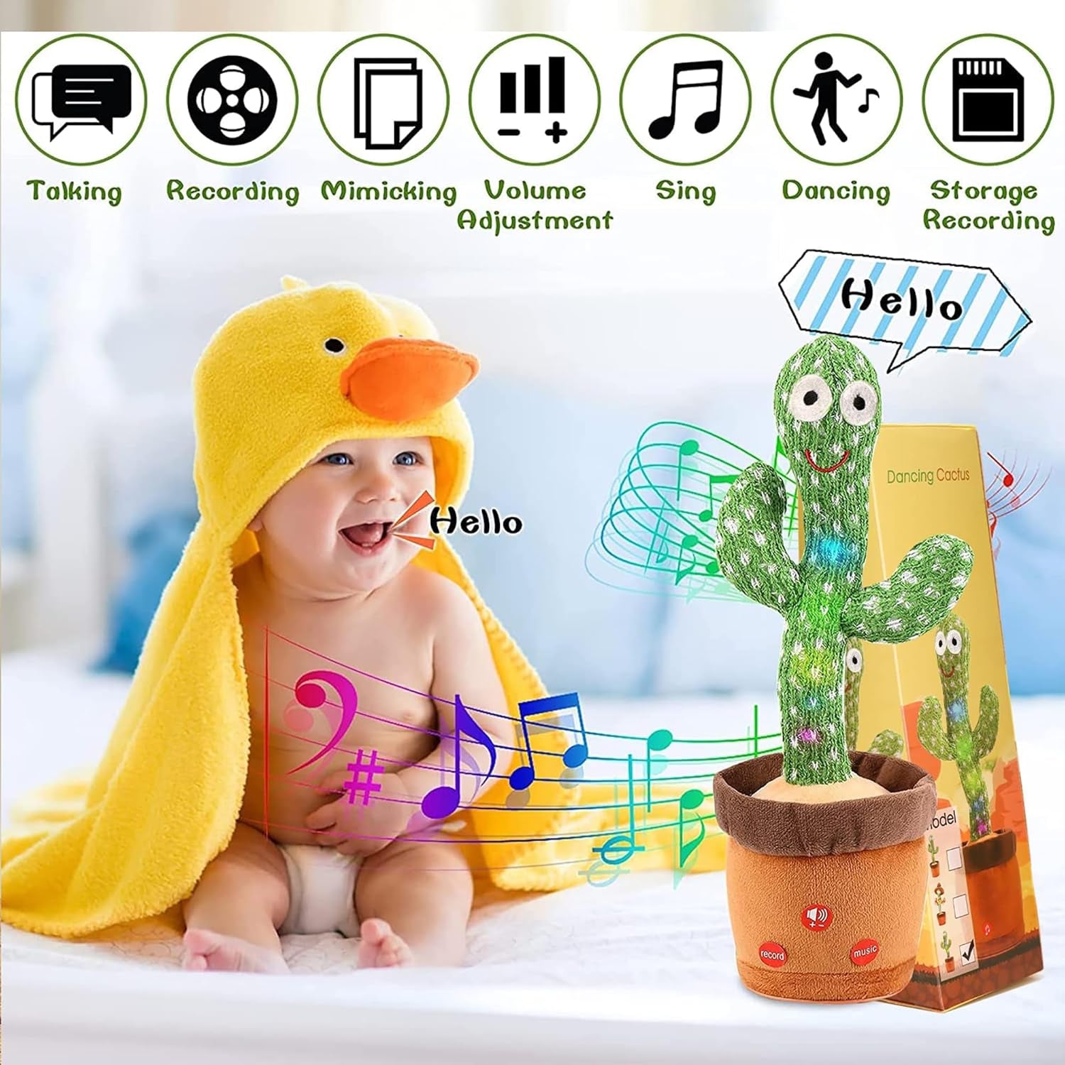 Emoin Dancing Cactus Baby Toys, Talking Cactus Toys Repeats What You Say Baby Boy Toys, Dancing Cactus Mimicking Toy with LED English Sing Talking 15 Second Voice Recorder