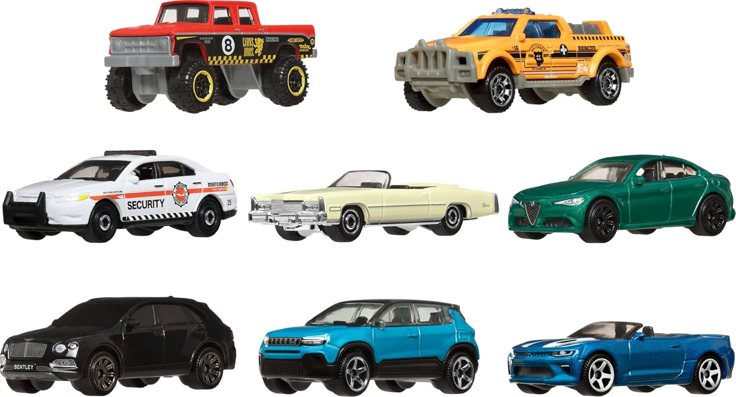 Autos y camiones de juguete de fundición a presión: vehículos a escala 1:64, paquete múltiple temático de 8 unidades con modelo exclusivo (los estilos varían)