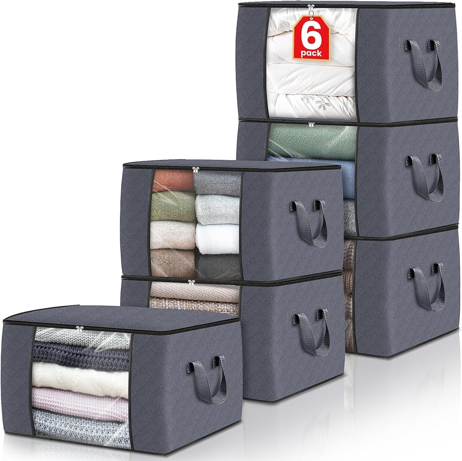 Fab Totes - Paquete de 6 bolsas de tela plegables para guardar ropa y mantas, en gris y negro