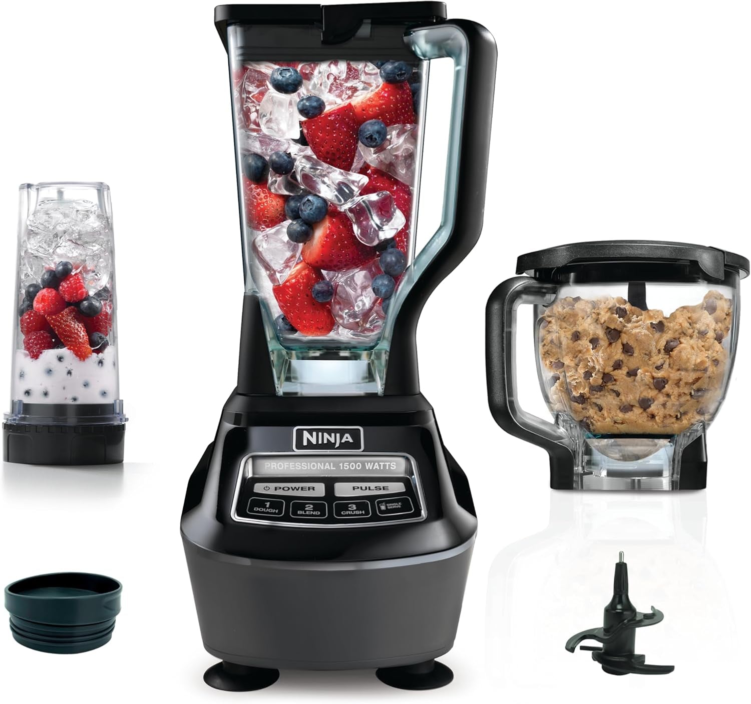 Ninja BL770 Mega Kitchen System, 1500W, 4 Functions for Smoothies, Processing, Dough, Drinks & More, with 72 Blender Pitcher, 64 Processor Bowl, (2) 16-Oz. To-Go, Black, with 2 Nutri Cups + Lids