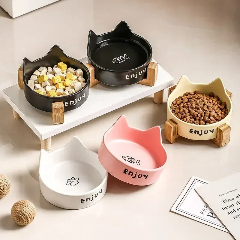 Ceramic Double Cat Bowl – Elevated Feeder with Non-Slip Bamboo Stand