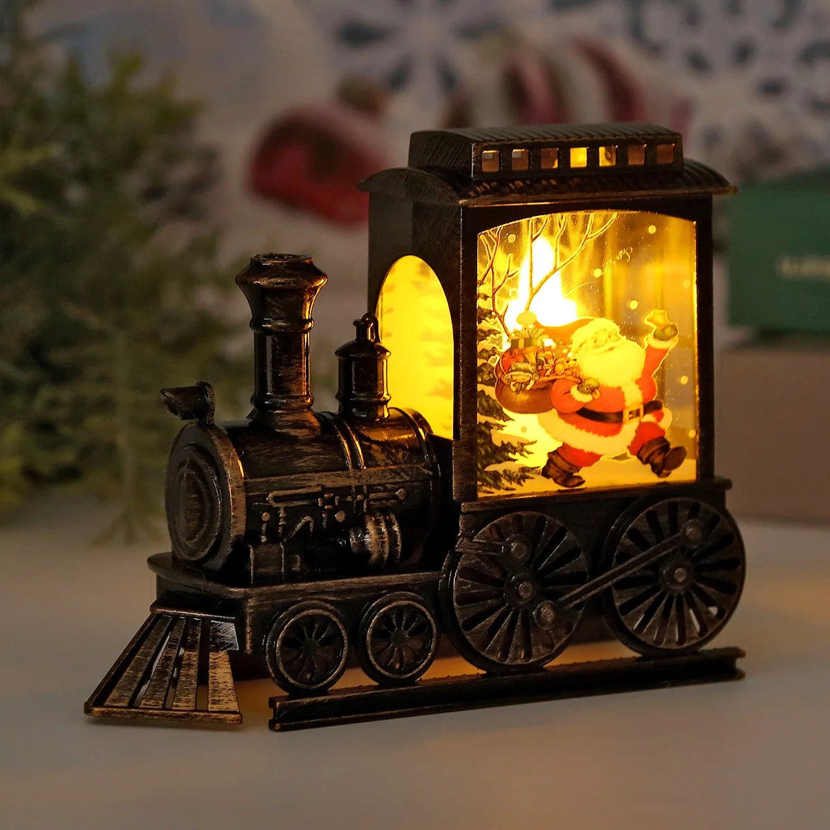 Farol navideño LED con forma de tren vintage: luz colgante a batería para decoración navideña