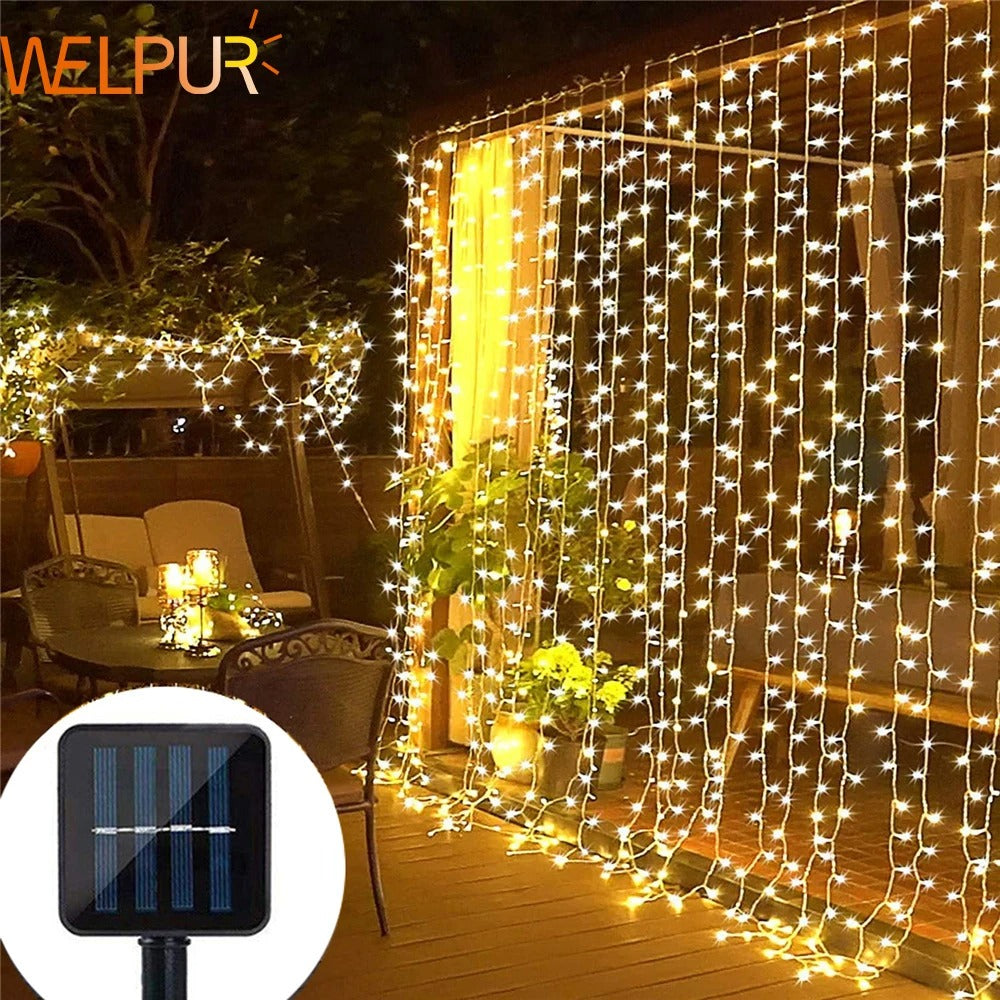 300 LED Solar Curtain Lights – Waterproof Outdoor String Lights for Christmas & Yard Decor