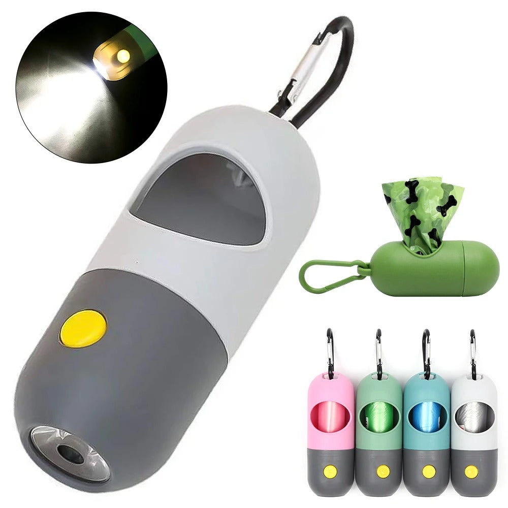 Dispensador de bolsas para excrementos de perro con luz LED: soporte portátil para bolsas de desechos para la limpieza de mascotas
